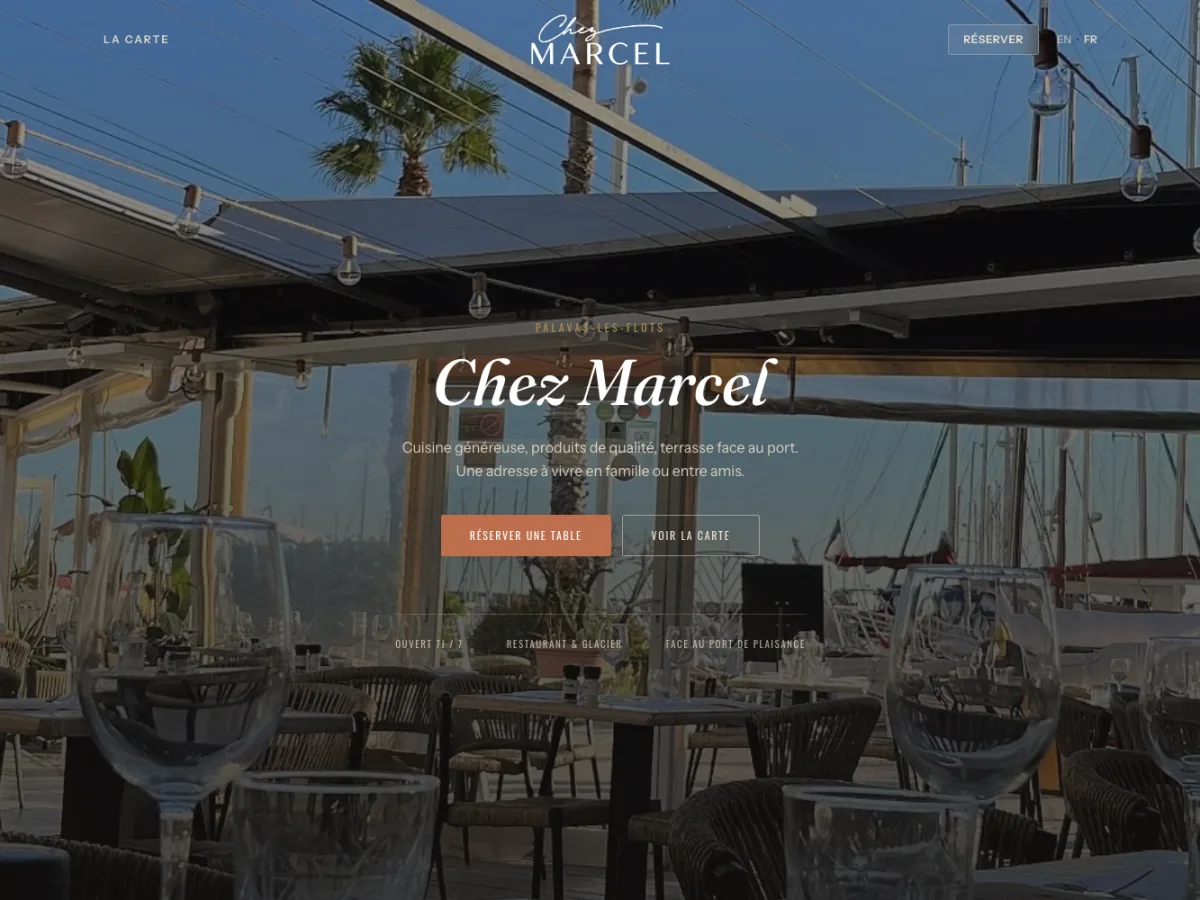 Aperçu du site de Chez Marcel, restaurant et glacier à Palavas-les-Flots