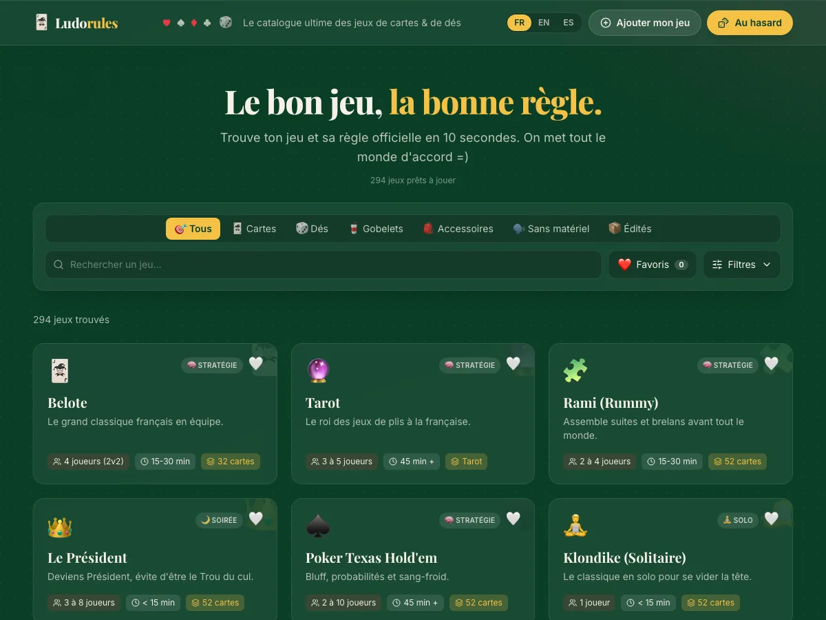 Aperçu du site Ludorules, catalogue de jeux de cartes et de dés
