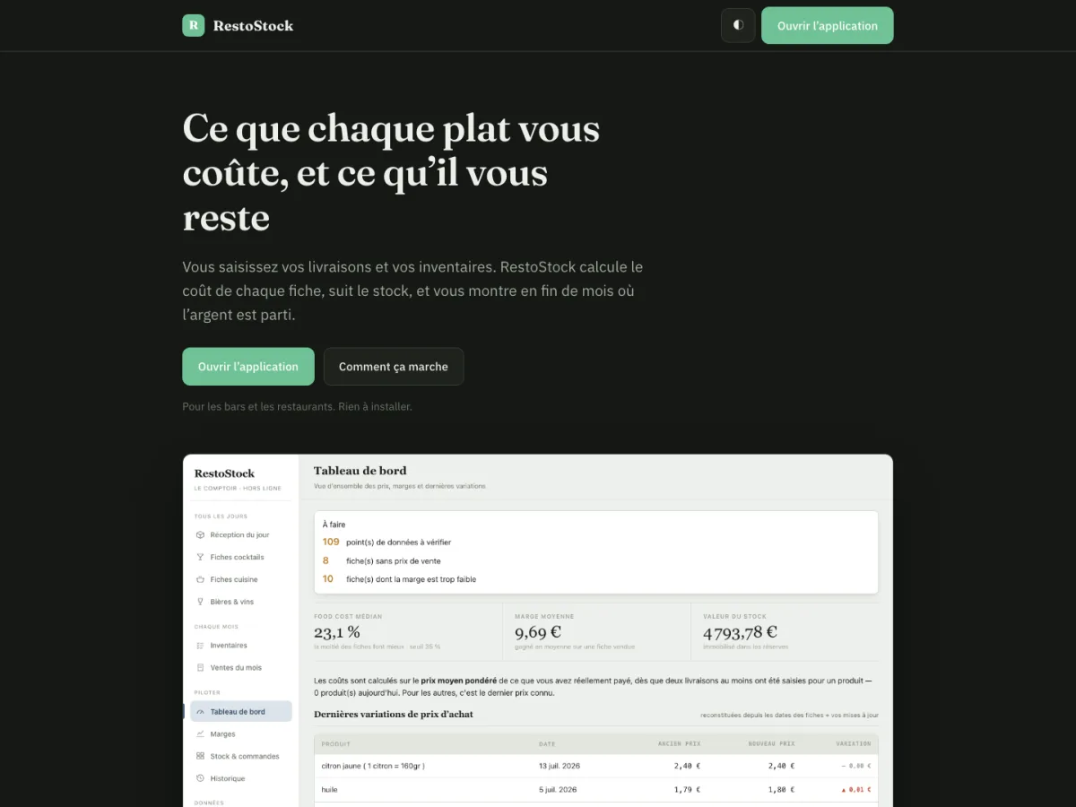 Aperçu de RestoStock, application de suivi des coûts et des stocks en restauration